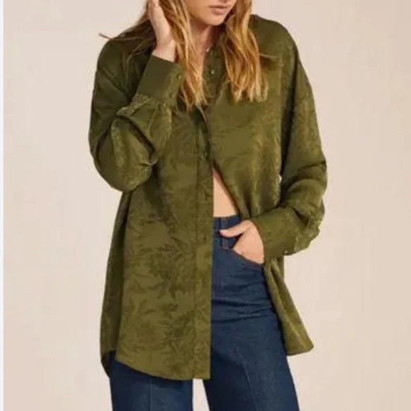WAYF Women's Olive Green Floral Ex Boyfriend Shirt Button-Up Long Sleeve Size M - Picture 1 of 14